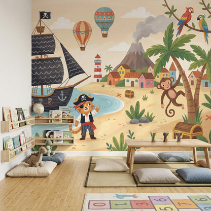 Tropical Pirate Wallpaper Beach Landscape Storybook Illustration Removable Wall Decor