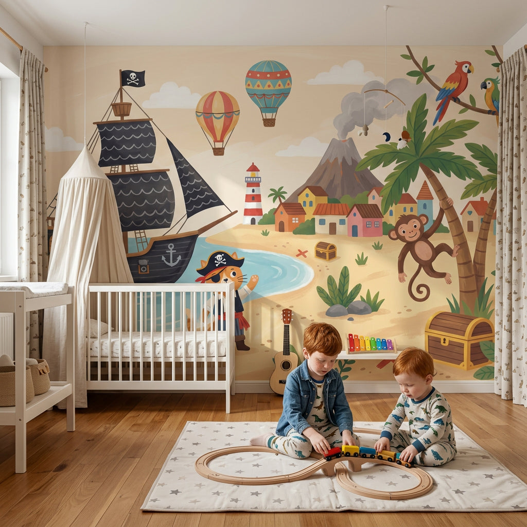 Tropical Pirate Wallpaper Beach Landscape Storybook Illustration Removable Wall Decor