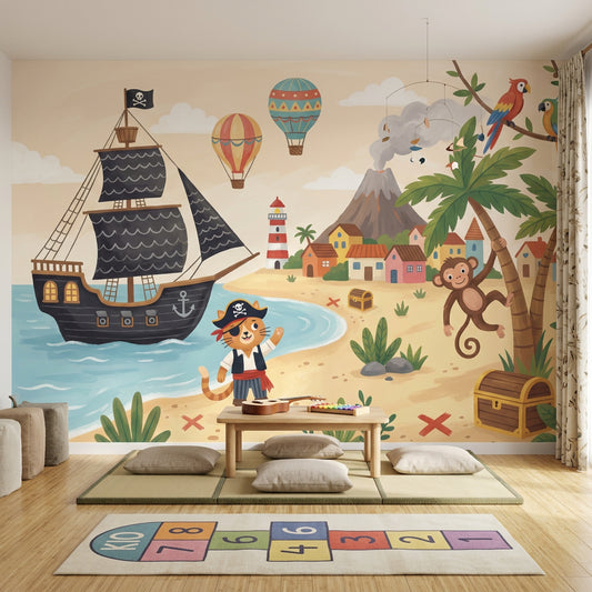 Tropical Pirate Wallpaper Beach Landscape Storybook Illustration Removable Wall Decor