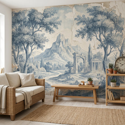 Walls Wallpaper Stone Ruins Removable Indigo Landscape Wall Decor
