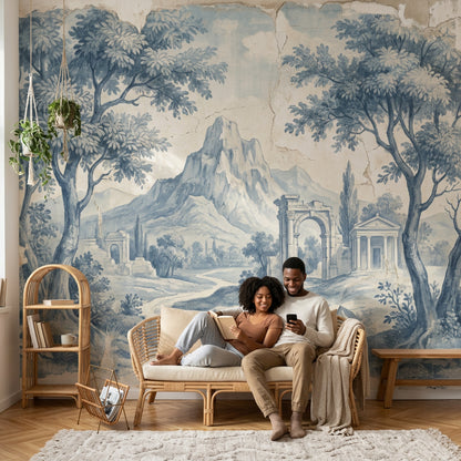 Walls Wallpaper Stone Ruins Removable Indigo Landscape Wall Decor