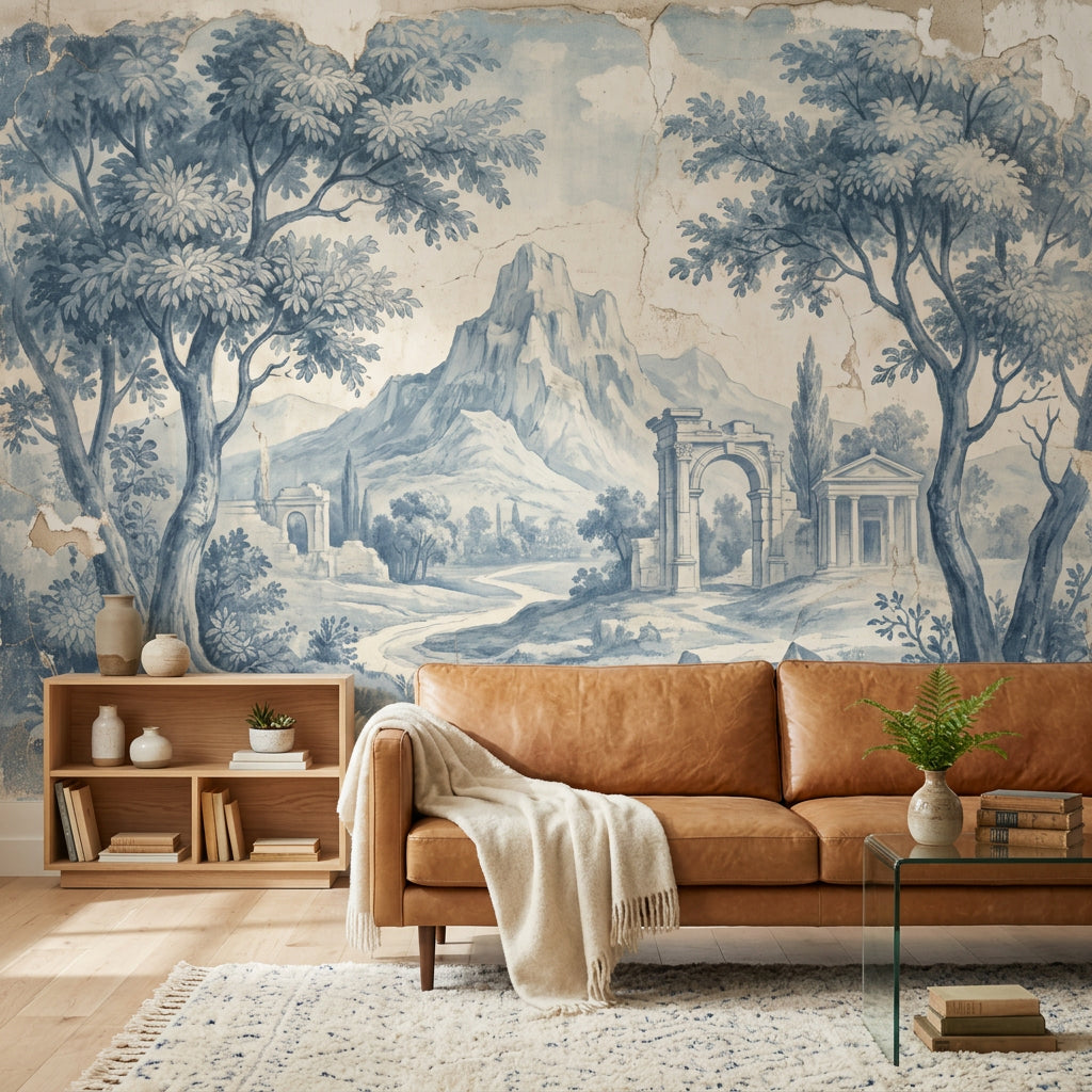 Walls Wallpaper Stone Ruins Removable Indigo Landscape Wall Decor