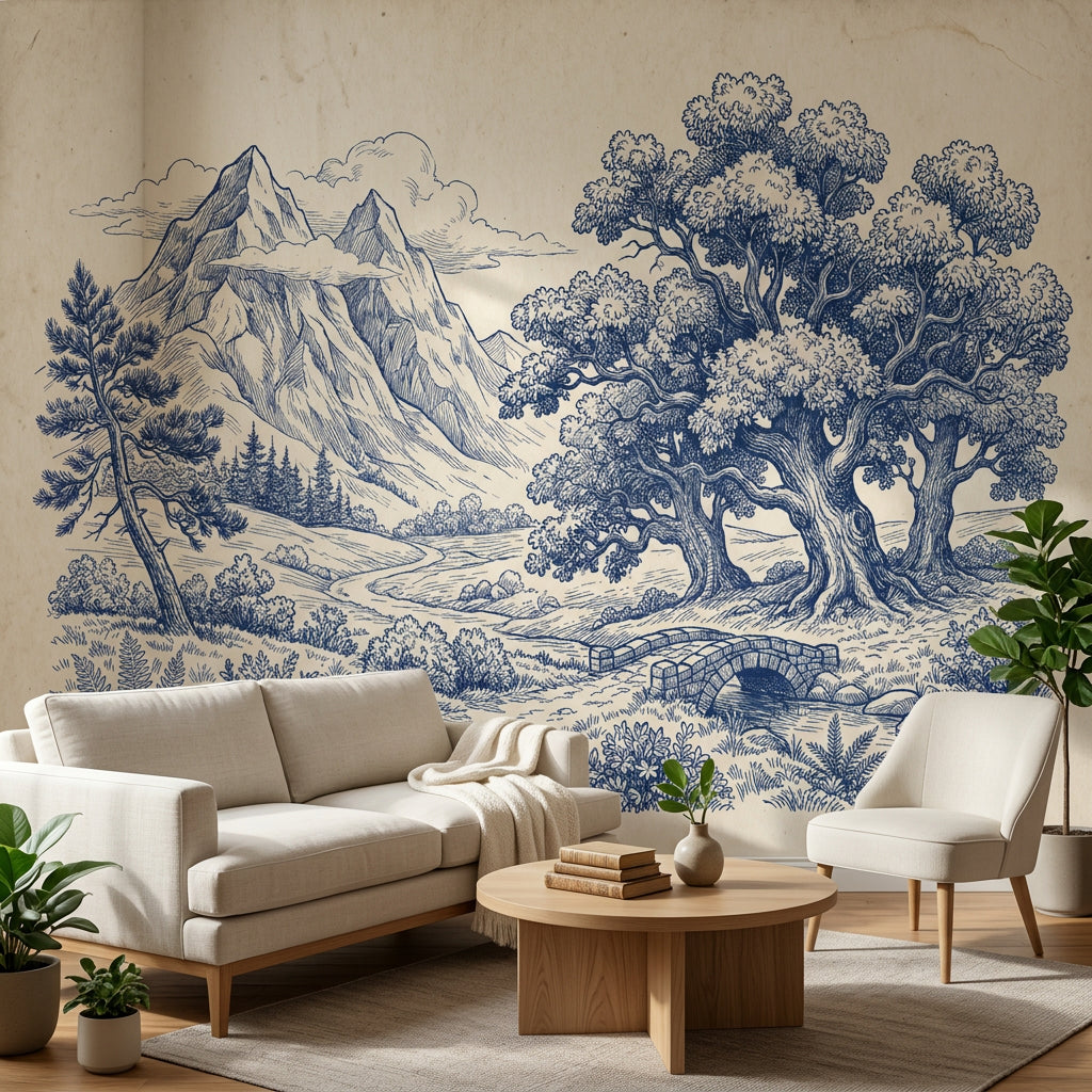 Blue Toile Landscape Wallpaper Mountains Vintage Engraving Wall Mural