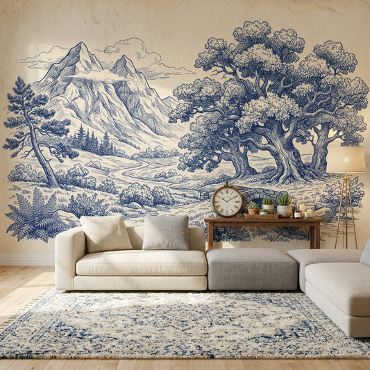 Blue Toile Landscape Wallpaper Mountains Vintage Engraving Wall Mural