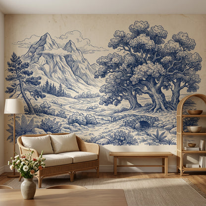 Blue Toile Landscape Wallpaper Mountains Vintage Engraving Wall Mural