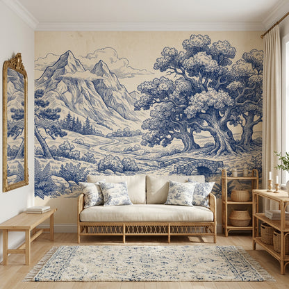 Blue Toile Landscape Wallpaper Mountains Vintage Engraving Wall Mural
