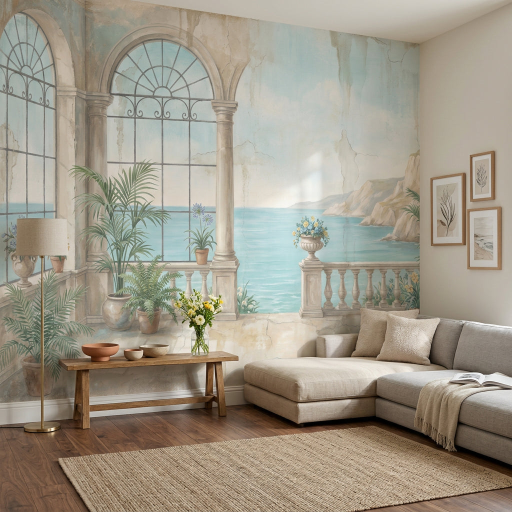 Coastal Terrace Wallpaper Mediterranean Villa Arched Columns Wall Mural