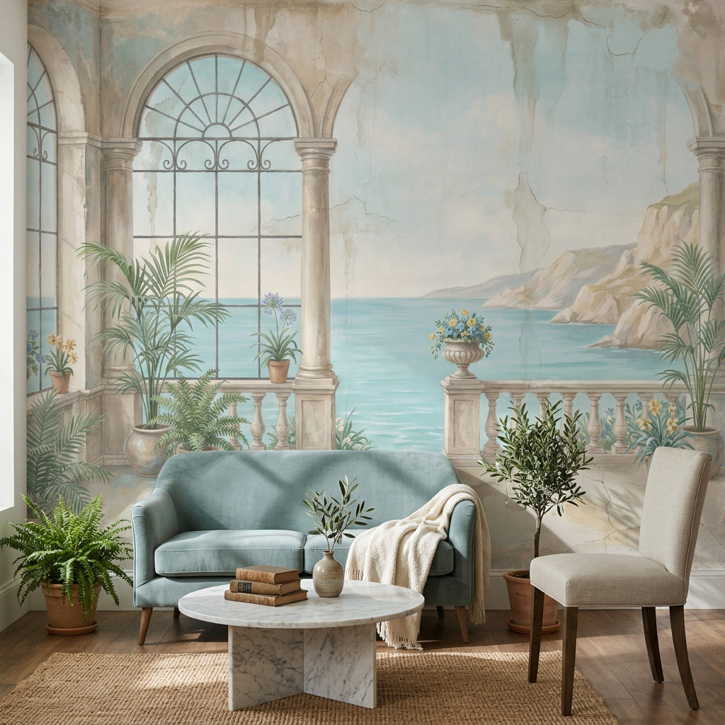 Coastal Terrace Wallpaper Mediterranean Villa Arched Columns Wall Mural