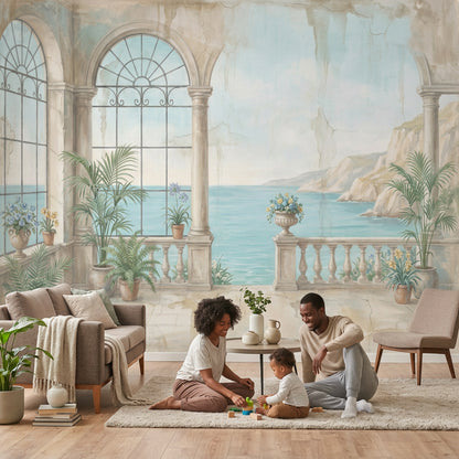 Coastal Terrace Wallpaper Mediterranean Villa Arched Columns Wall Mural