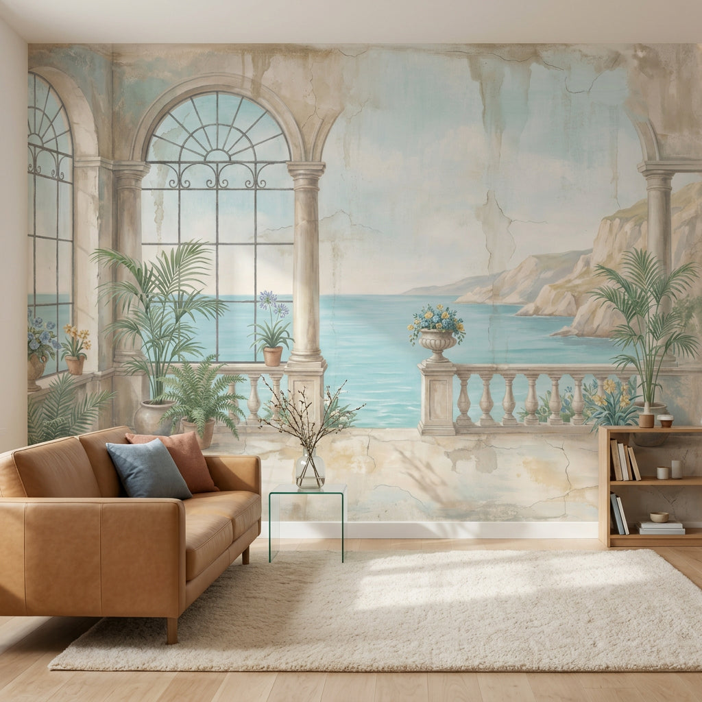 Coastal Terrace Wallpaper Mediterranean Villa Arched Columns Wall Mural