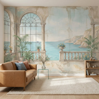 Coastal Terrace Wallpaper Mediterranean Villa Arched Columns Wall Mural