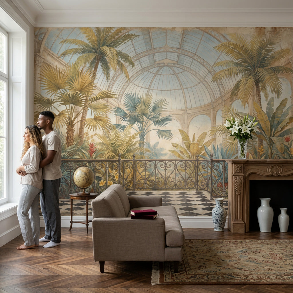 Tropical Conservatory Wallpaper Palm Trees Removable Glass Dome Greenhouse Wall Decor