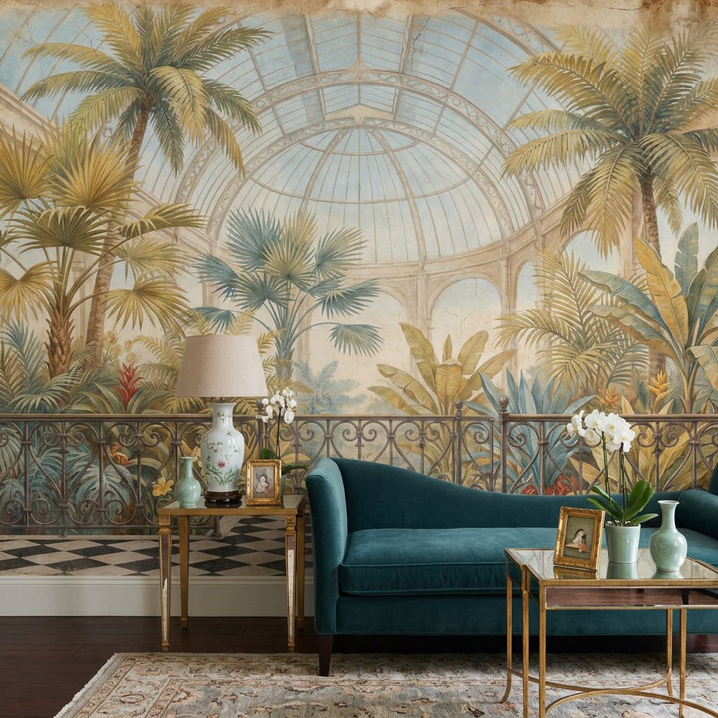 Tropical Conservatory Wallpaper Palm Trees Removable Glass Dome Greenhouse Wall Decor