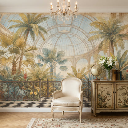 Tropical Conservatory Wallpaper Palm Trees Removable Glass Dome Greenhouse Wall Decor