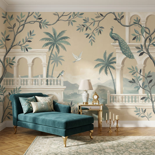 Arched Colonnade Wallpaper Mediterranean Coastal Landscape Wall Mural