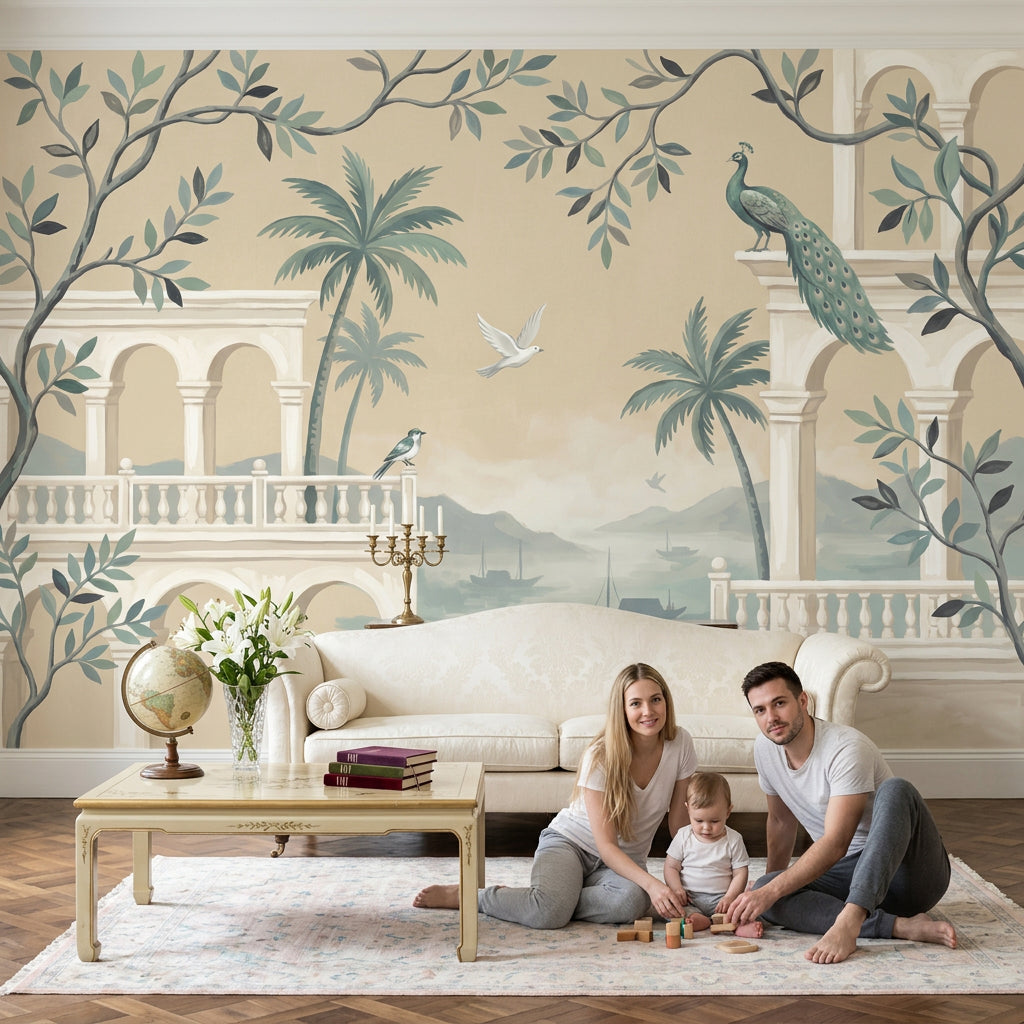 Arched Colonnade Wallpaper Mediterranean Coastal Landscape Wall Mural
