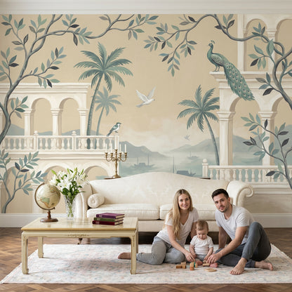 Arched Colonnade Wallpaper Mediterranean Coastal Landscape Wall Mural