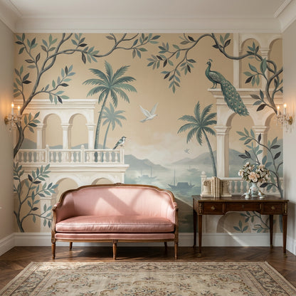 Arched Colonnade Wallpaper Mediterranean Coastal Landscape Wall Mural