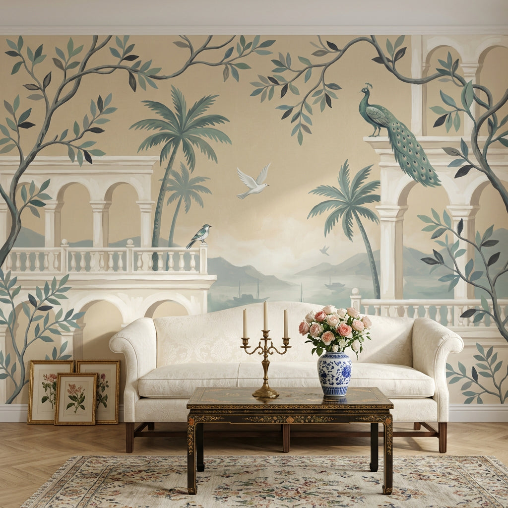 Arched Colonnade Wallpaper Mediterranean Coastal Landscape Wall Mural