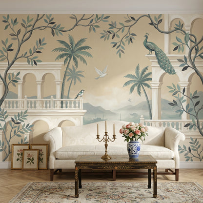 Arched Colonnade Wallpaper Mediterranean Coastal Landscape Wall Mural