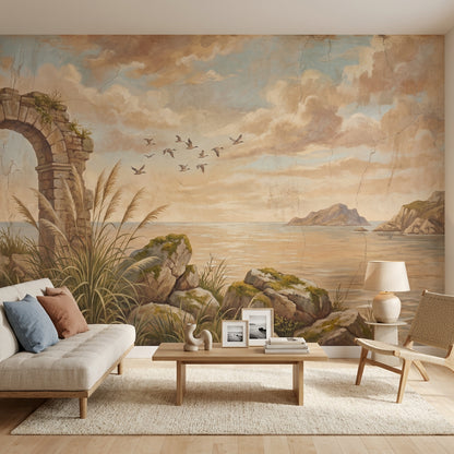 Coastal Landscape Wallpaper Stone Arch Ruin Vintage Fresco Wall Mural