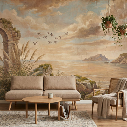 Coastal Landscape Wallpaper Stone Arch Ruin Vintage Fresco Wall Mural
