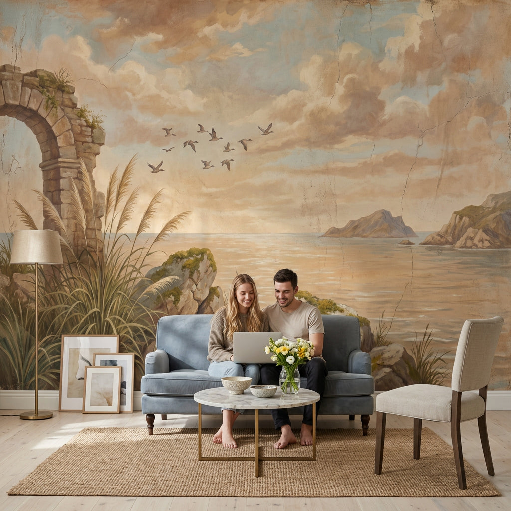 Coastal Landscape Wallpaper Stone Arch Ruin Vintage Fresco Wall Mural