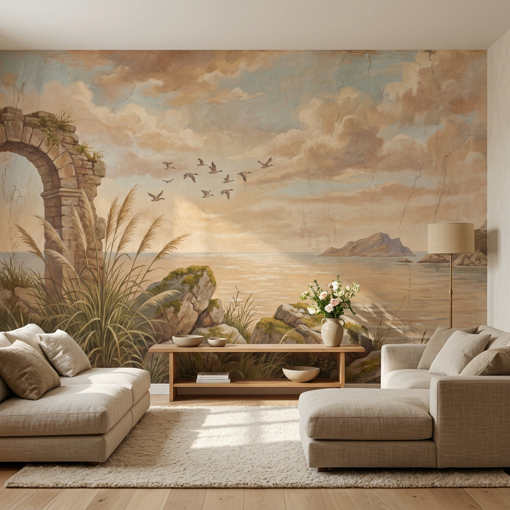 Coastal Landscape Wallpaper Stone Arch Ruin Vintage Fresco Wall Mural