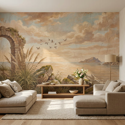 Coastal Landscape Wallpaper Stone Arch Ruin Vintage Fresco Wall Mural