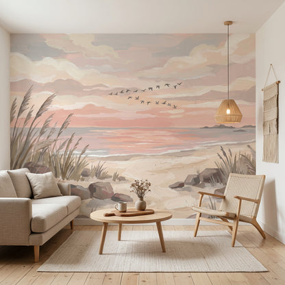 Coastal Landscape Wallpaper Beach Dunes Pastel Sunset Sky Removable Wall Decor