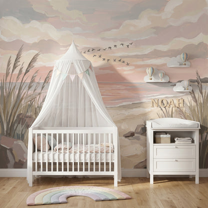 Coastal Landscape Wallpaper Beach Dunes Pastel Sunset Sky Removable Wall Decor