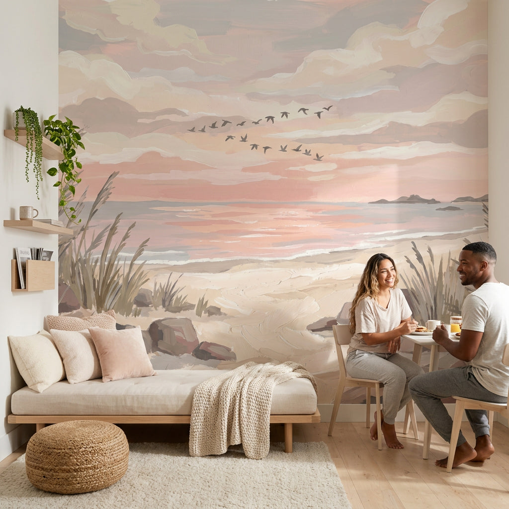 Coastal Landscape Wallpaper Beach Dunes Pastel Sunset Sky Removable Wall Decor
