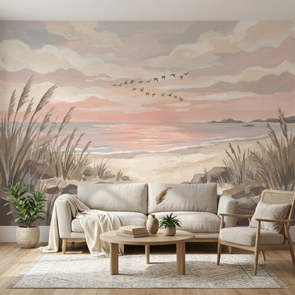 Coastal Landscape Wallpaper Beach Dunes Pastel Sunset Sky Removable Wall Decor