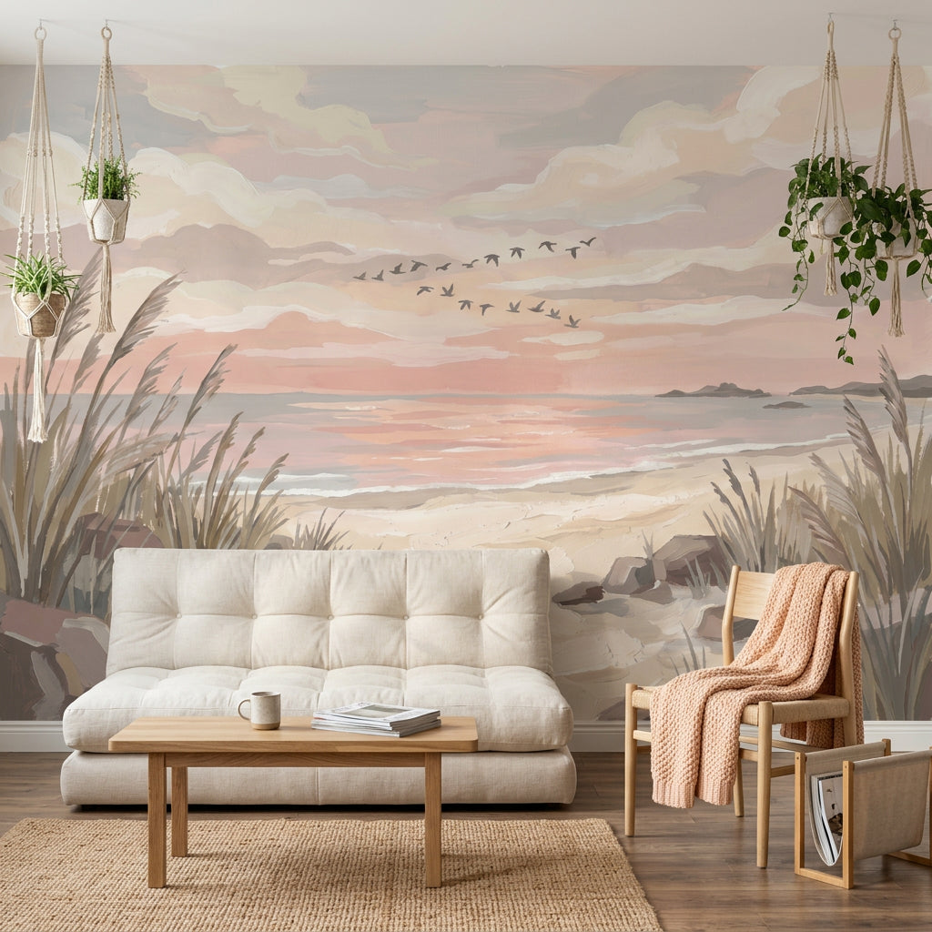 Coastal Landscape Wallpaper Beach Dunes Pastel Sunset Sky Removable Wall Decor