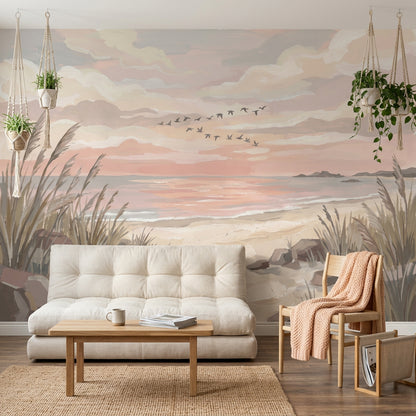 Coastal Landscape Wallpaper Beach Dunes Pastel Sunset Sky Removable Wall Decor