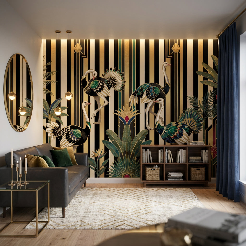 Dark Art Deco Wallpaper Striped Background Removable Geometric Fan Motifs Wall Decor