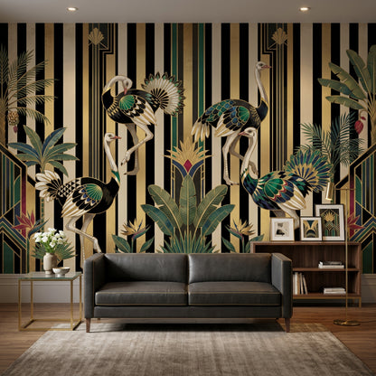 Dark Art Deco Wallpaper Striped Background Removable Geometric Fan Motifs Wall Decor