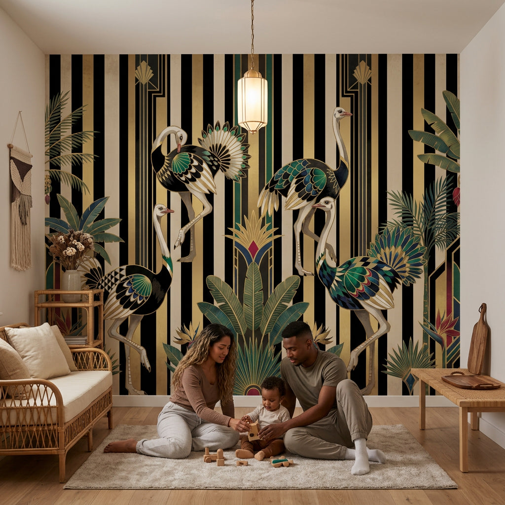 Dark Art Deco Wallpaper Striped Background Removable Geometric Fan Motifs Wall Decor
