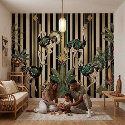 Dark Art Deco Wallpaper Striped Background Removable Geometric Fan Motifs Wall Decor