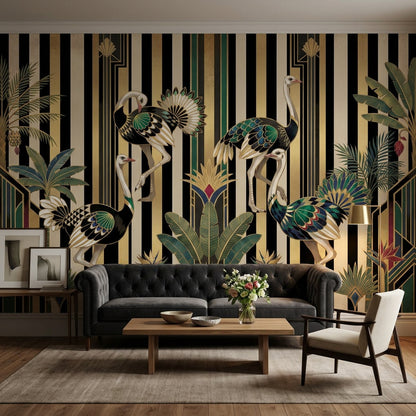 Dark Art Deco Wallpaper Striped Background Removable Geometric Fan Motifs Wall Decor