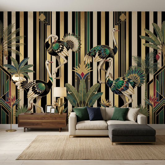 Dark Art Deco Wallpaper Striped Background Removable Geometric Fan Motifs Wall Decor
