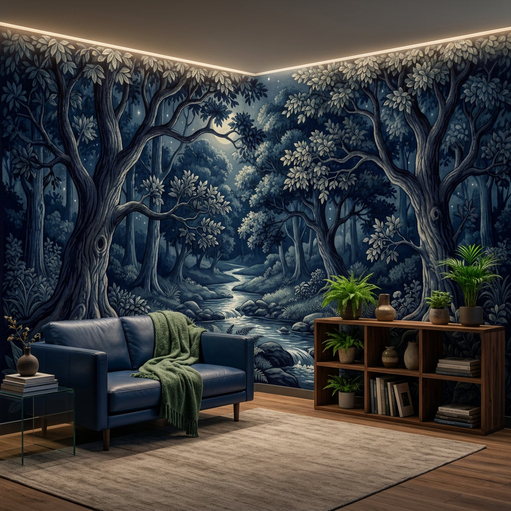 Moonlit Forest Wallpaper Winding Creek Night Landscape Removable Wall Decor