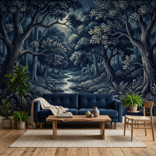 Moonlit Forest Wallpaper Winding Creek Night Landscape Removable Wall Decor