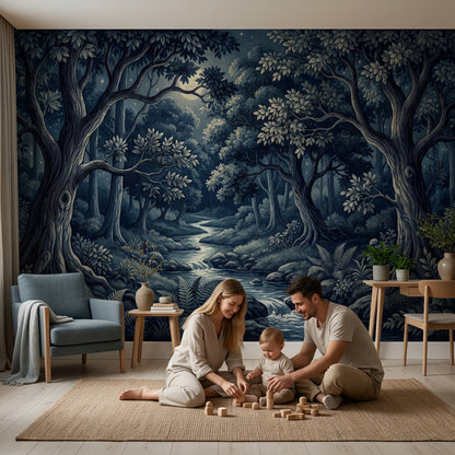 Moonlit Forest Wallpaper Winding Creek Night Landscape Removable Wall Decor