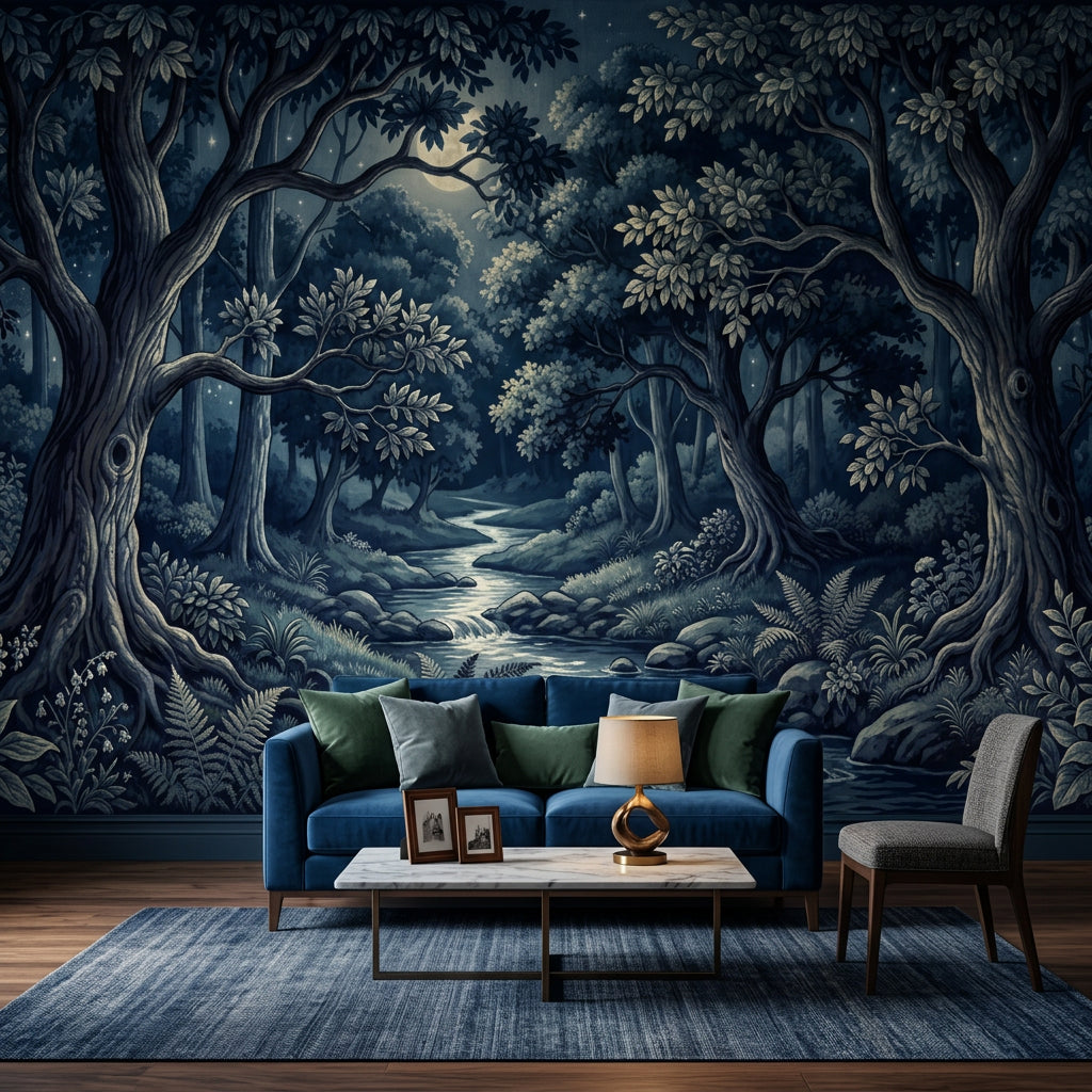Moonlit Forest Wallpaper Winding Creek Night Landscape Removable Wall Decor