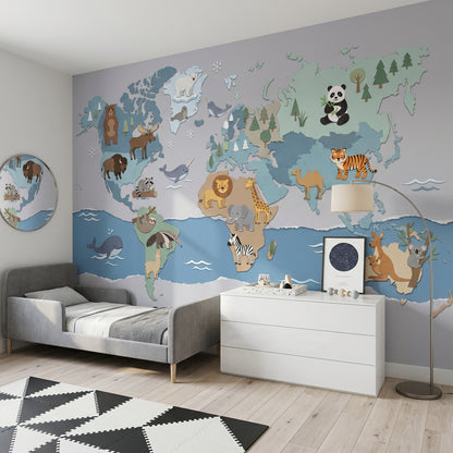 World Map Wallpaper Cute Animals Kids Wall Mural