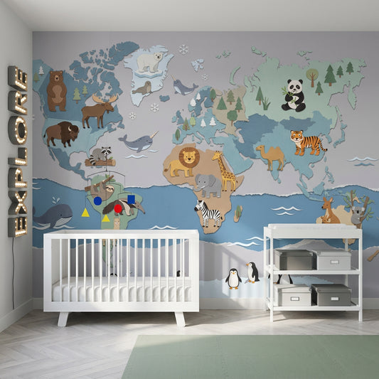 World Map Wallpaper Cute Animals Kids Wall Mural