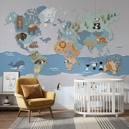 World Map Wallpaper Cute Animals Kids Wall Mural