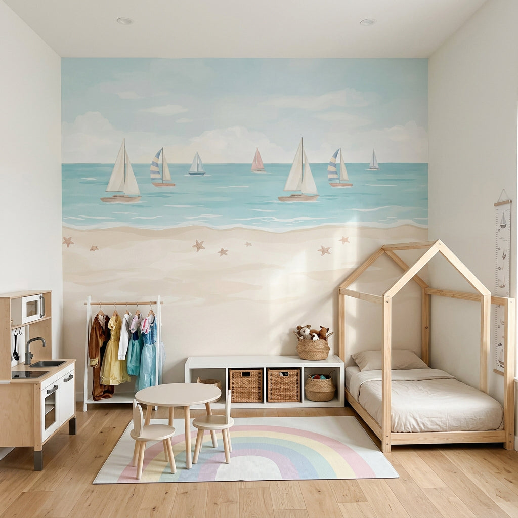 Sailboat Ocean Wallpaper Pastel Seaside Nursery Wall Mural