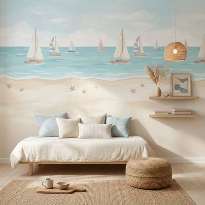 Sailboat Ocean Wallpaper Pastel Seaside Nursery Wall Mural